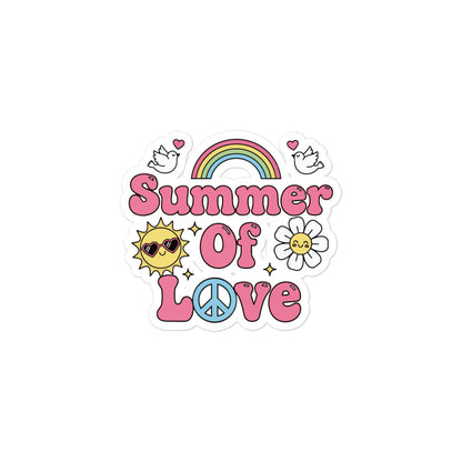 Retro Summer of Love sticker design with pink bubble letters, rainbow, sun, and daisy on a black background.