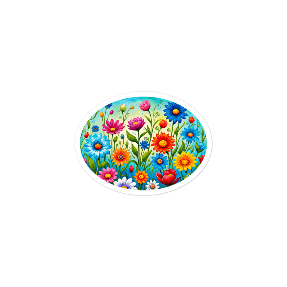 Vibrant retro flower power vinyl sticker featuring a colorful field of psychedelic 1960s style wildflowers and daisies.