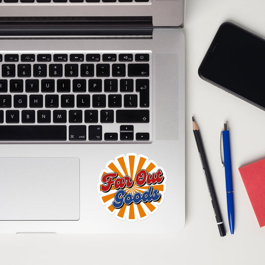 Retro Far Out Goods logo sticker featuring red and blue script over a 70s-inspired orange and yellow sunburst.