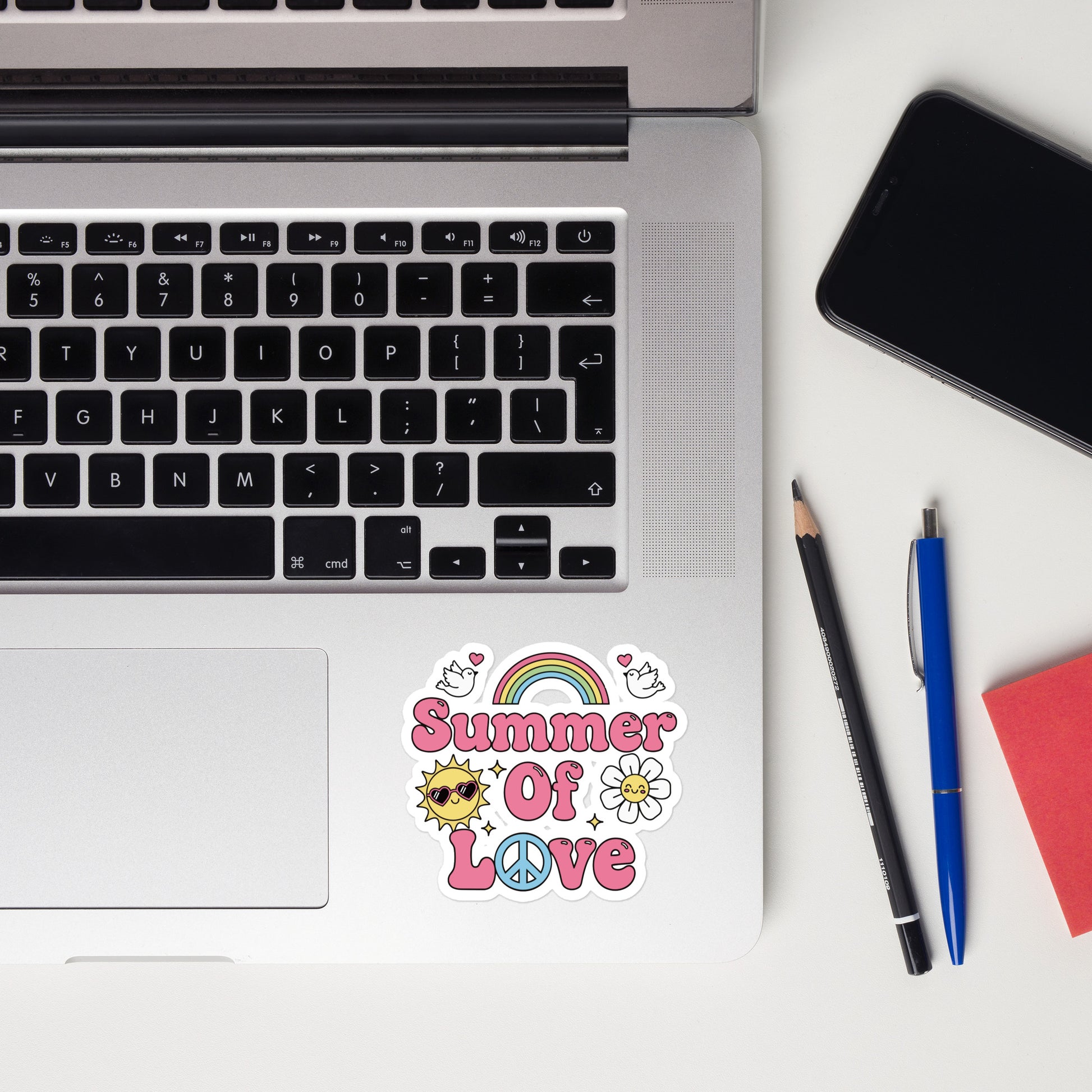 Retro Summer of Love sticker design with pink bubble letters, rainbow, sun, and daisy on a black background.