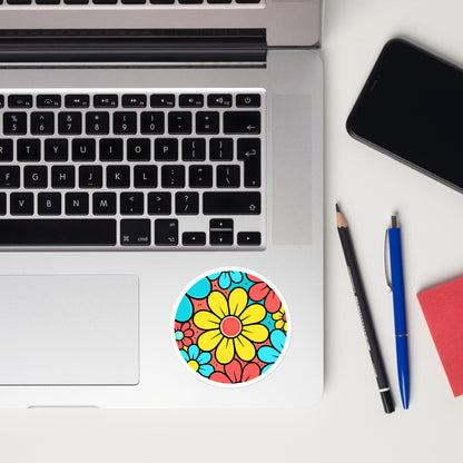 Colorful retro 60s style flower power floral pattern sticker with blue, yellow, and red blossoms.
