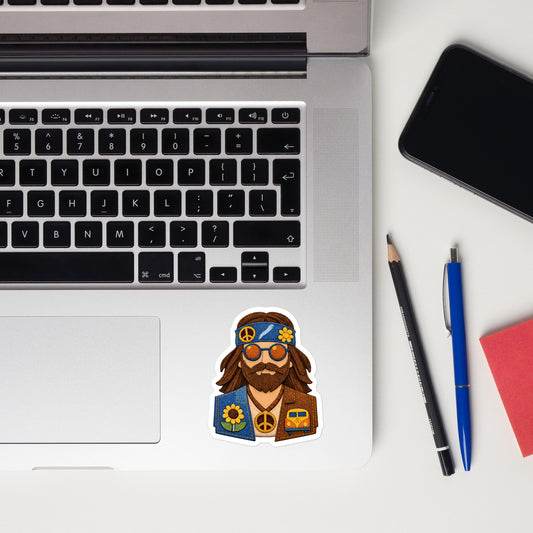 Sticker art of a bearded hippie man with a blue headband, round sunglasses, and embroidered texture details.