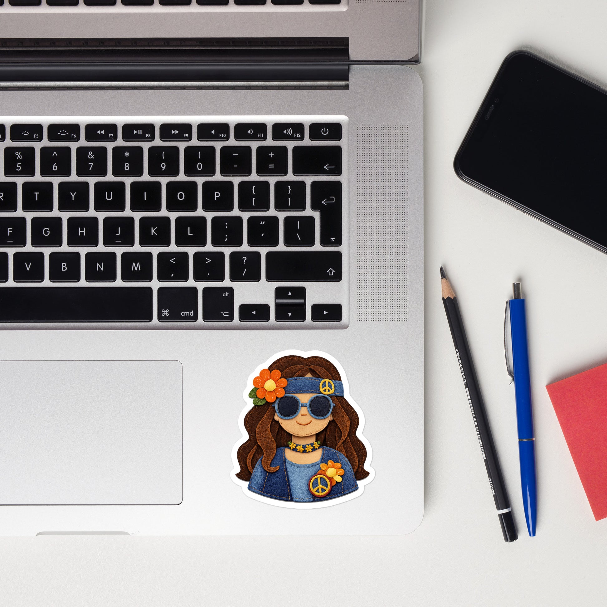 illustration of a smiling boho girl with brown hair, blue sunglasses, denim headband, and orange flower