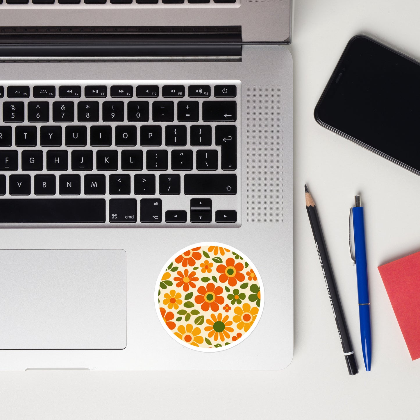 Seamless 1970s retro flower power pattern vinyl sticker with groovy orange, yellow, and olive green daisy illustrations.