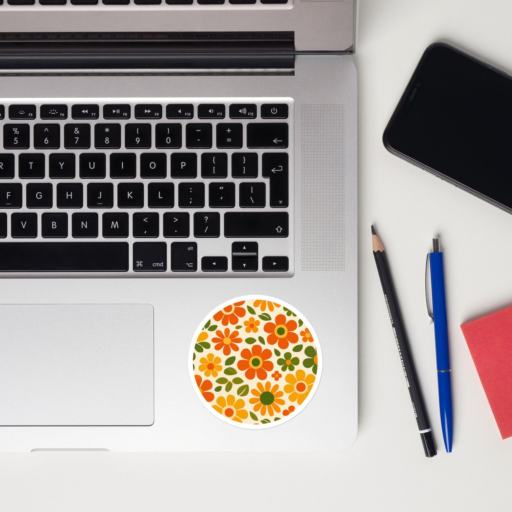 Seamless 1970s retro flower power pattern vinyl sticker with groovy orange, yellow, and olive green daisy illustrations.