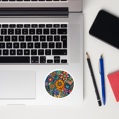 Vibrant retro psychedelic vinyl sticker featuring colorful 60s flower power doodles, patterned hearts, and boho art.