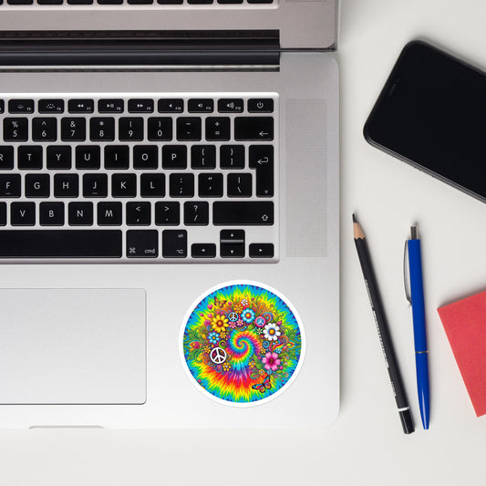 Psychedelic tie dye vinyl sticker with vibrant rainbow swirls, peace signs, retro sunflowers, daisies, and butterflies.