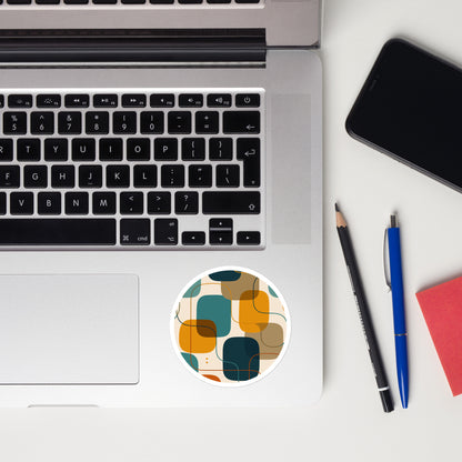 Retro geometric vinyl sticker featuring mid-century rounded squares and lines in teal, mustard yellow, and rust orange.