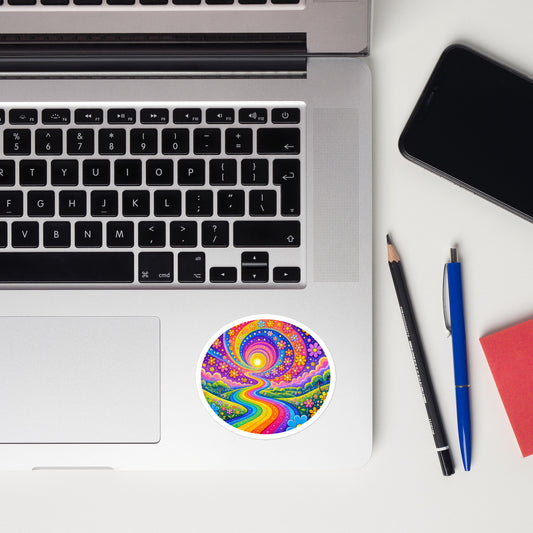 Psychedelic vinyl sticker featuring a vibrant rainbow road winding through green hills with colorful daisy flowers