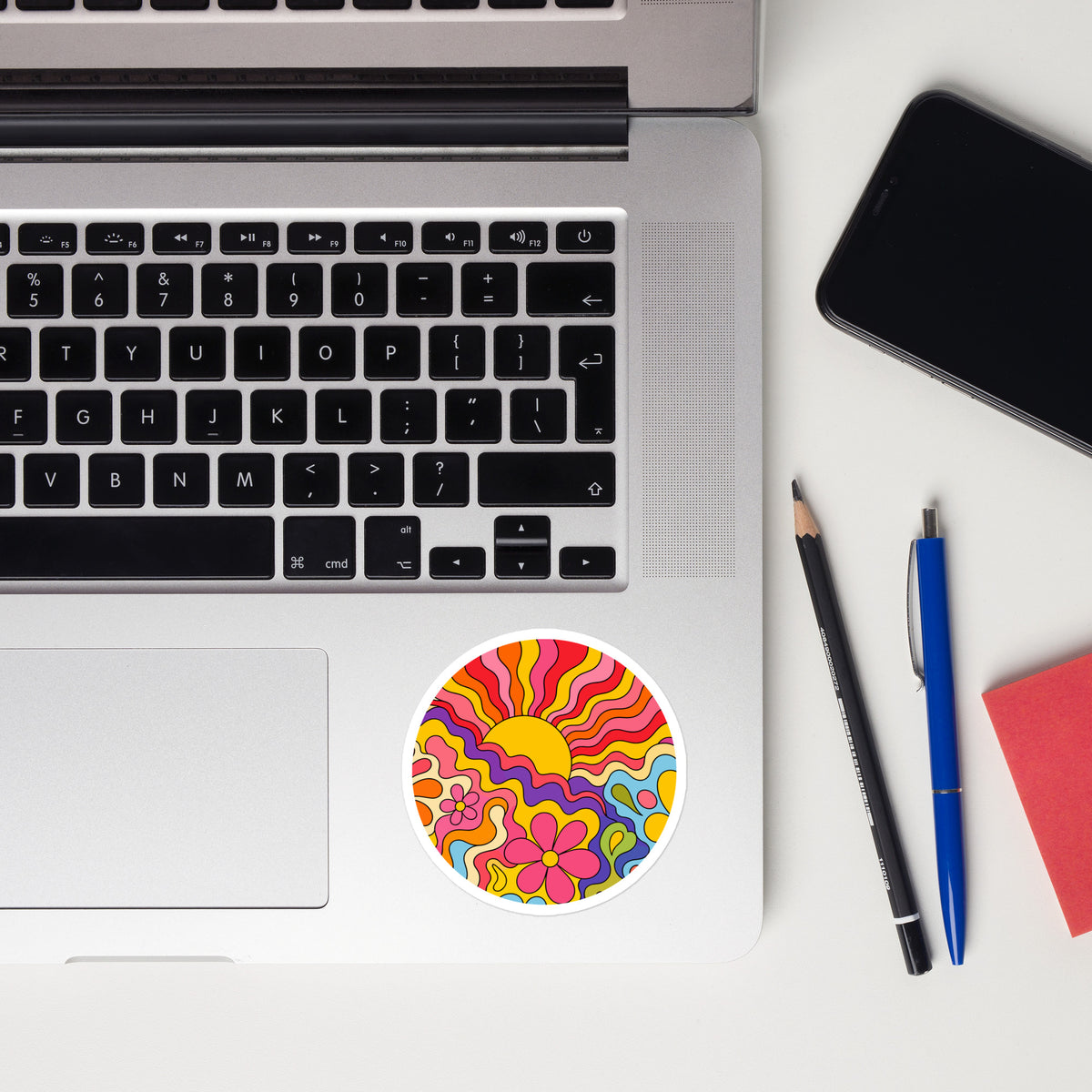 Vibrant 1970s psychedelic vinyl sticker featuring a wavy retro sunburst sunset surrounded by colorful groovy flowers.