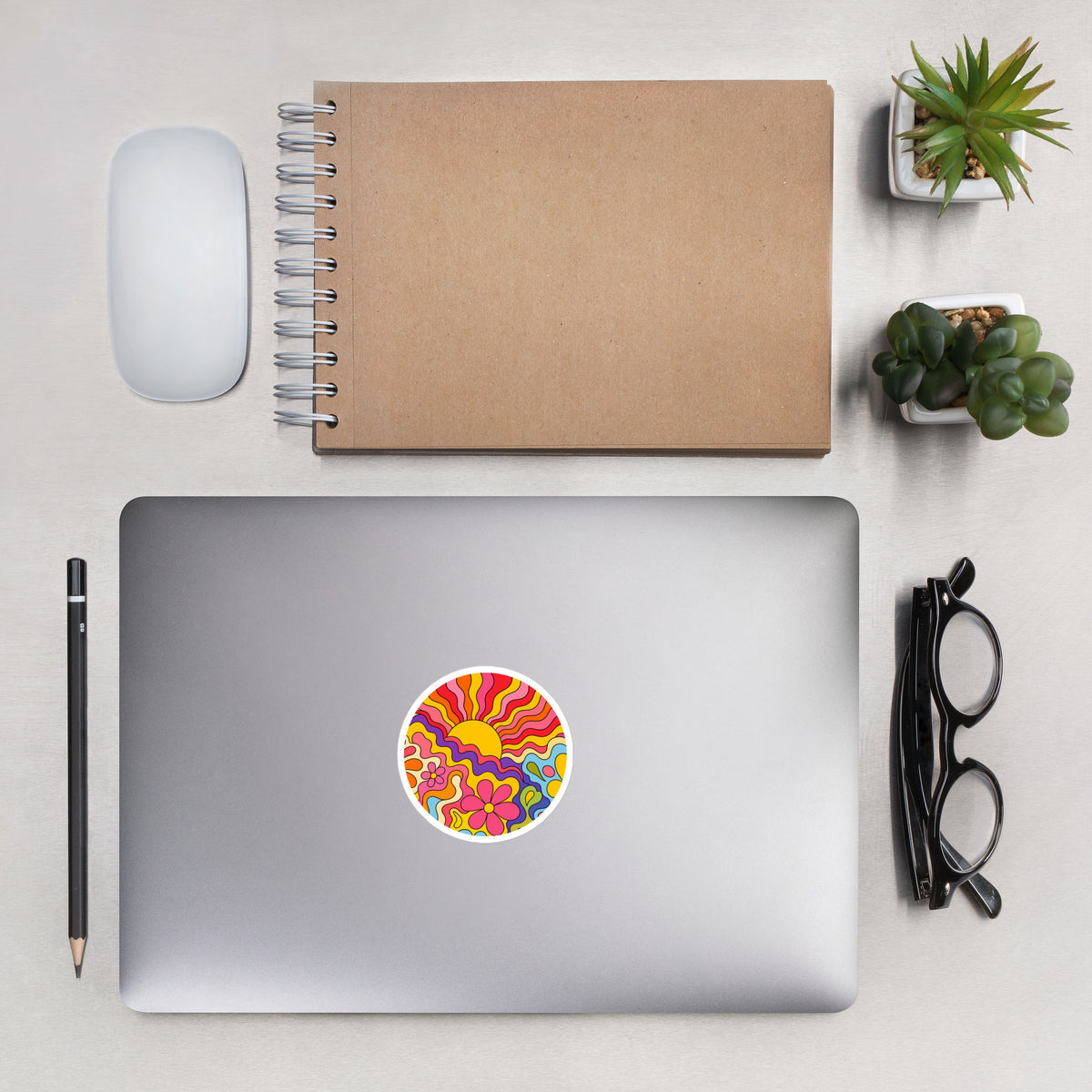 Vibrant 1970s psychedelic vinyl sticker featuring a wavy retro sunburst sunset surrounded by colorful groovy flowers.