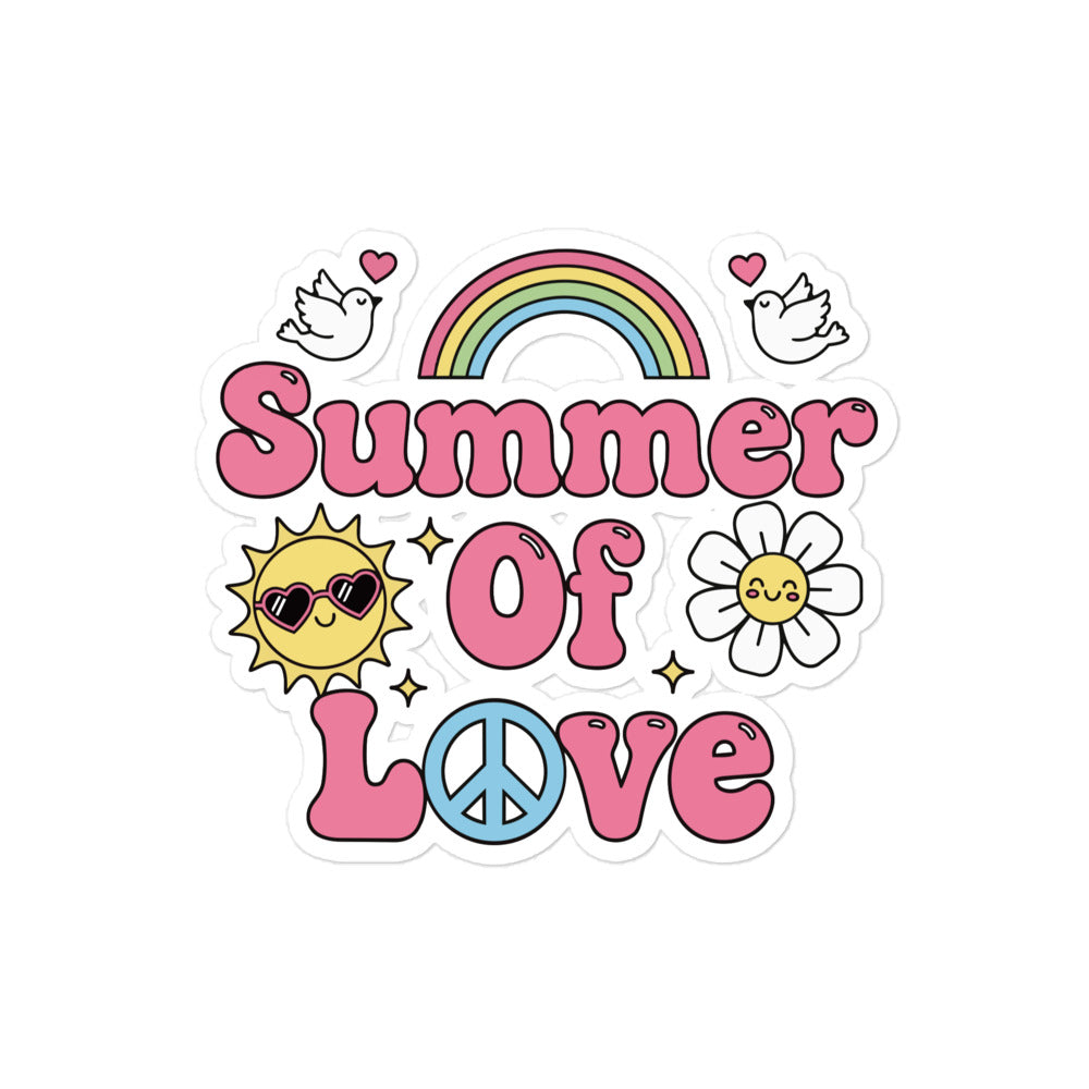 Retro Summer of Love sticker design with pink bubble letters, rainbow, sun, and daisy on a black background.