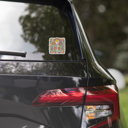 Colorful 70s psychedelic vinyl sticker design with smiling flowers, vibrant rainbows, trippy mushrooms, and a sun.