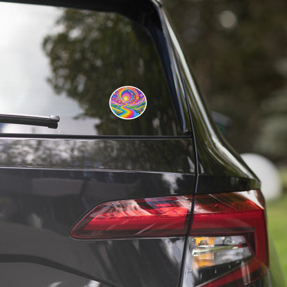 Psychedelic vinyl sticker featuring a vibrant rainbow road winding through green hills with colorful daisy flowers