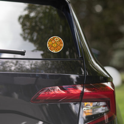Retro 70s floral pattern vinyl sticker featuring orange, yellow, and cream daisies on a dark brown background.