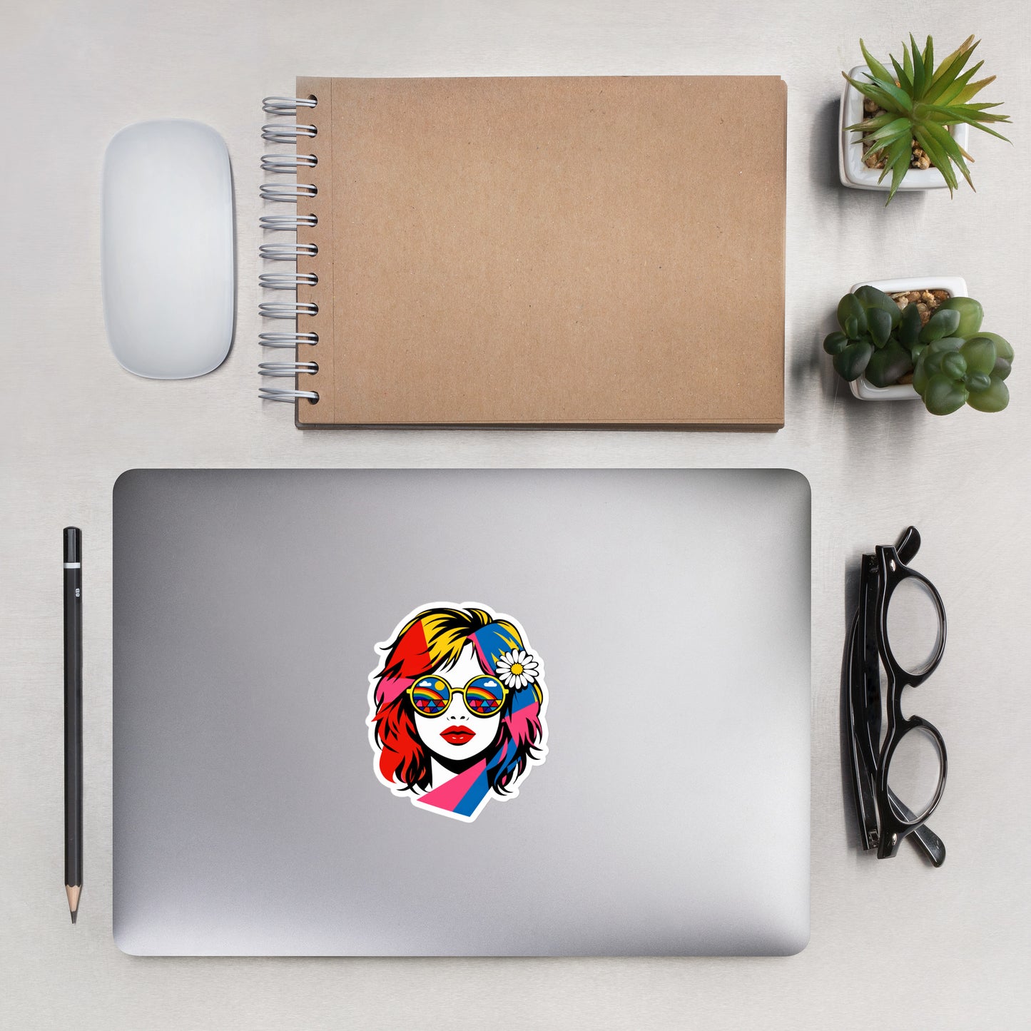 Retro pop art sticker of a woman wearing rainbow sunglasses and a white daisy, sold by faroutgoods.com.