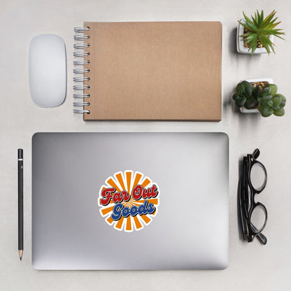 Retro Far Out Goods logo sticker featuring red and blue script over a 70s-inspired orange and yellow sunburst.