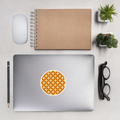 Seamless 70s retro geometric pattern sticker featuring interlocking orange and mustard petal shapes on a cream background.