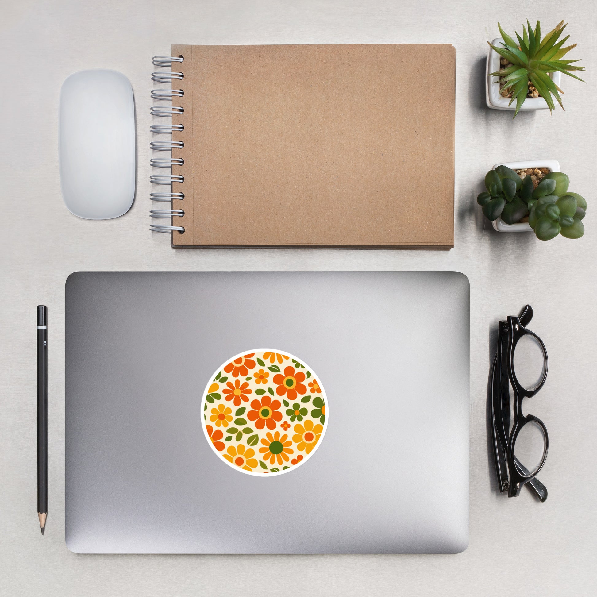 Seamless 1970s retro flower power pattern vinyl sticker with groovy orange, yellow, and olive green daisy illustrations.