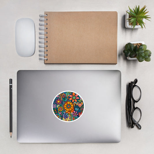 Vibrant retro psychedelic vinyl sticker featuring colorful 60s flower power doodles, patterned hearts, and boho art.