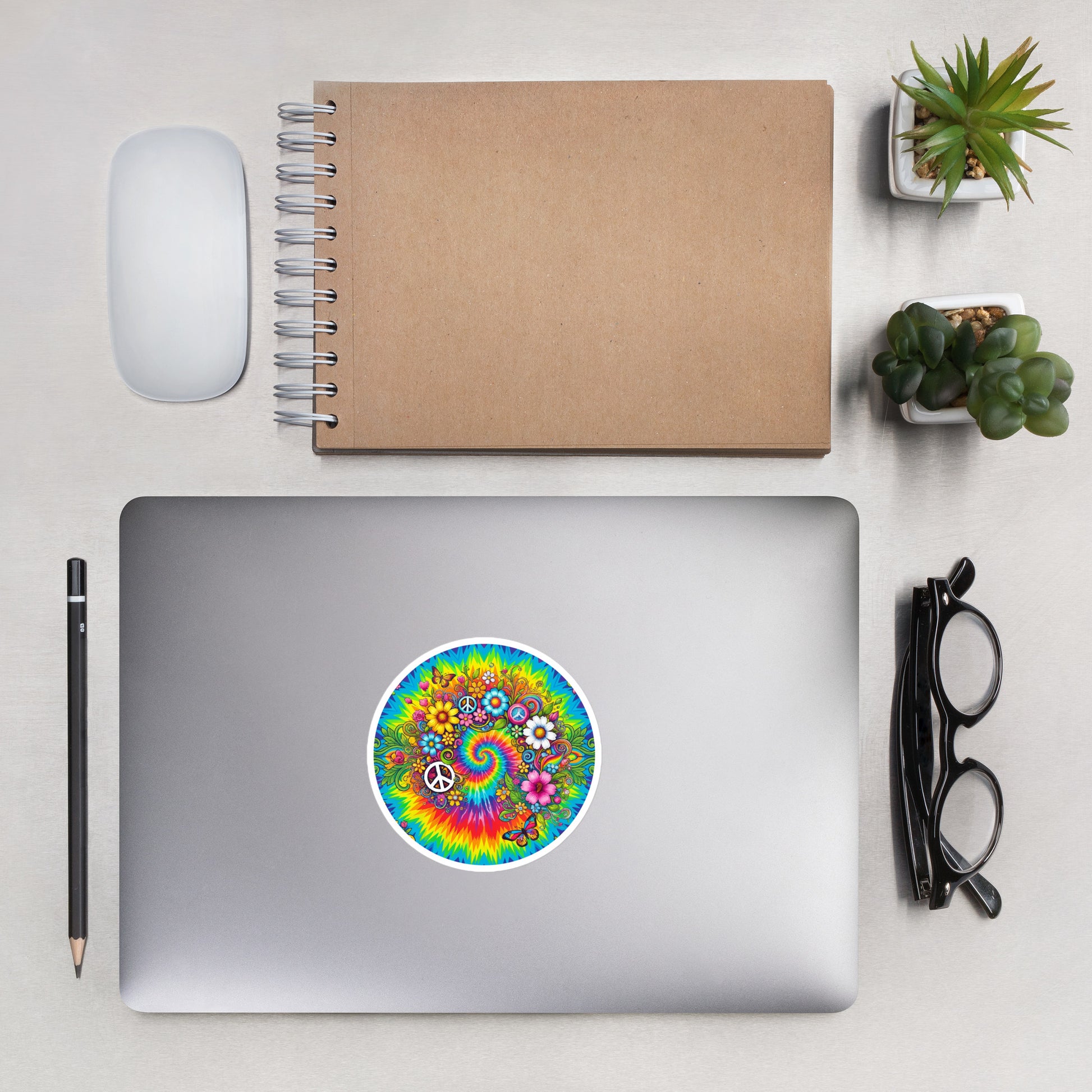 Psychedelic tie dye vinyl sticker with vibrant rainbow swirls, peace signs, retro sunflowers, daisies, and butterflies.
