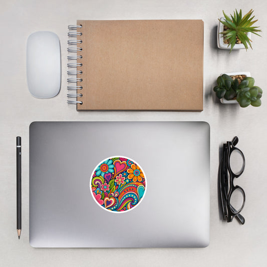 Vibrant 70s psychedelic vinyl sticker featuring colorful retro flowers, hearts, and groovy swirls in pink, blue, and orange.