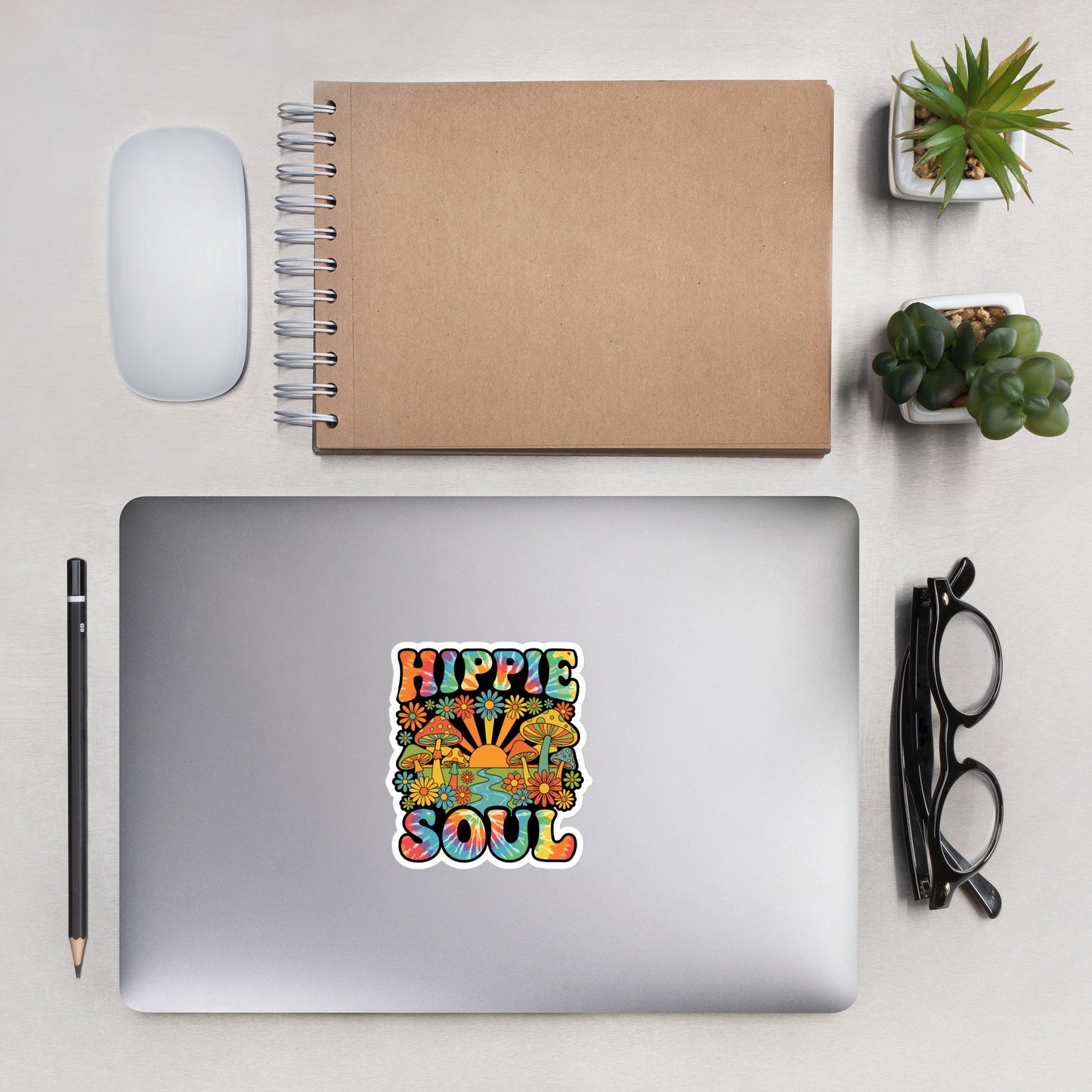 Retro Hippie Soul vinyl sticker featuring tie-dye typography, colorful mushrooms, daisies, and a sunburst.