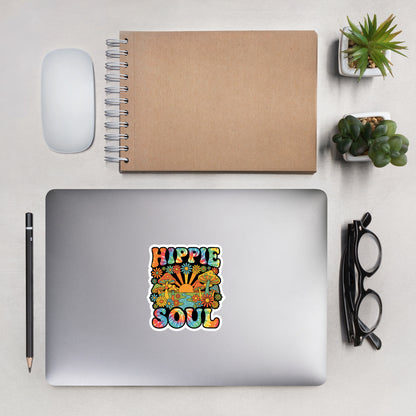 Retro Hippie Soul vinyl sticker featuring tie-dye typography, colorful mushrooms, daisies, and a sunburst.