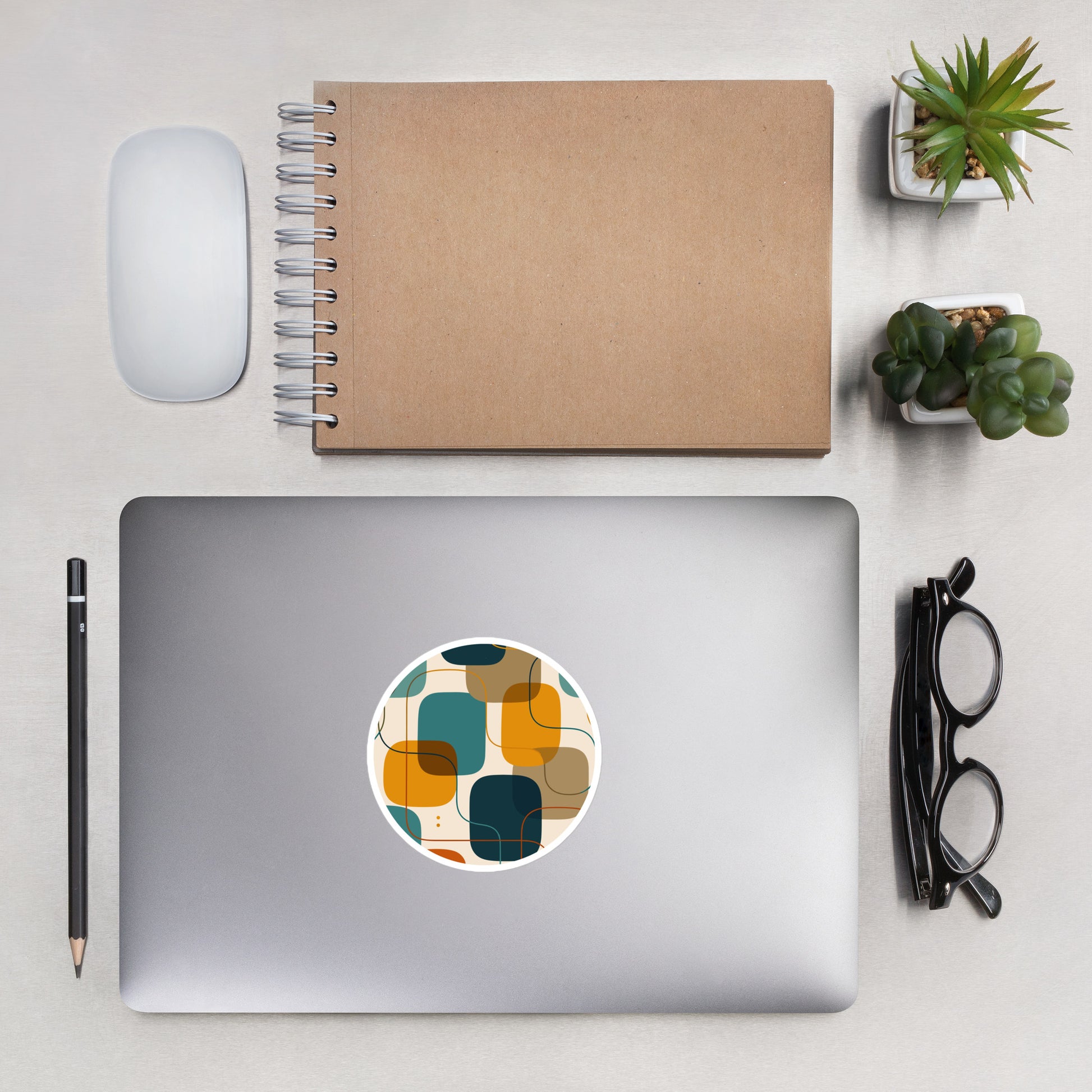 Retro geometric vinyl sticker featuring mid-century rounded squares and lines in teal, mustard yellow, and rust orange.