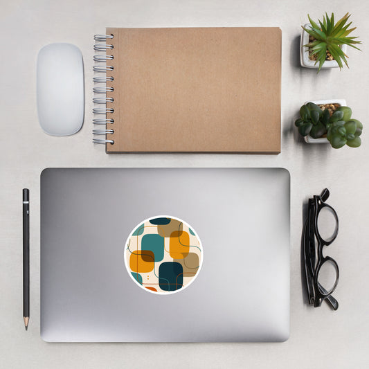 Retro geometric vinyl sticker featuring mid-century rounded squares and lines in teal, mustard yellow, and rust orange.