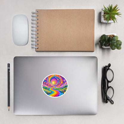 Psychedelic vinyl sticker featuring a vibrant rainbow road winding through green hills with colorful daisy flowers