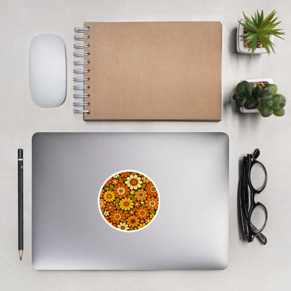 Retro 70s floral pattern vinyl sticker featuring orange, yellow, and cream daisies on a dark brown background.