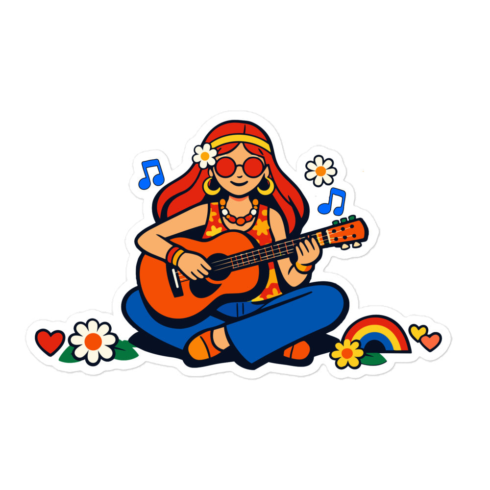 Round vinyl sticker with a vintage-style illustration of a girl with long hair playing an acoustic guitar, surrounded by earthy 70s boho floral accents.