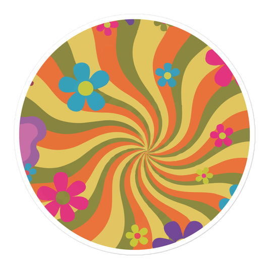 Round vinyl sticker featuring a psychedelic 70s flower power pattern with vibrant swirling petals in bright orange, pink, yellow, and white.