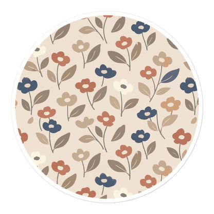 Round vinyl sticker featuring a retro 70s floral pattern with muted earth tones of terracotta, sage green, mustard yellow, and cream on a white background.