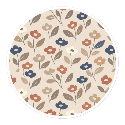 Round vinyl sticker featuring a retro 70s floral pattern with muted earth tones of terracotta, sage green, mustard yellow, and cream on a white background.
