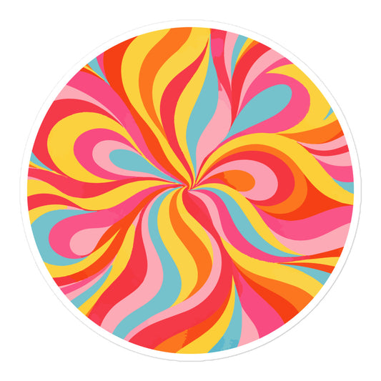Round vinyl sticker featuring a vibrant psychedelic swirl pattern with retro orange, pink, and yellow waves on a white background.