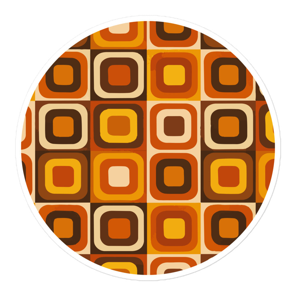 Retro 70s-style geometric sticker featuring a groovy orange, brown, and cream pattern on a smooth, bubble-free vinyl surface.