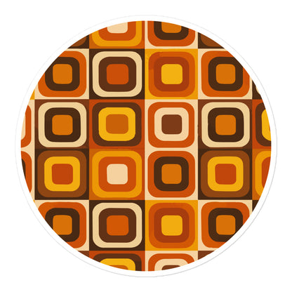 Retro 70s-style geometric sticker featuring a groovy orange, brown, and cream pattern on a smooth, bubble-free vinyl surface.