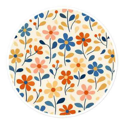 Close-up of a vintage 70s aesthetic vinyl sticker with a retro color palette, featuring a smooth bubble-free finish on a laptop surface.