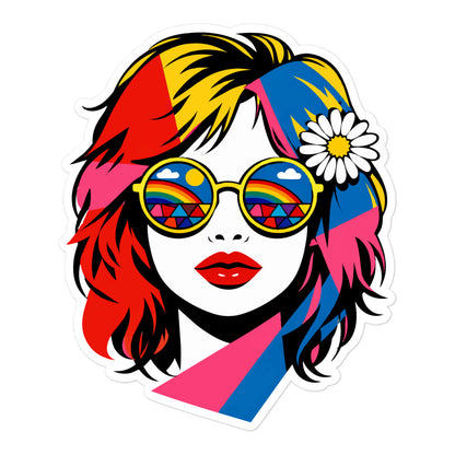 Retro pop art sticker of a woman wearing rainbow sunglasses and a white daisy, sold by faroutgoods.com.