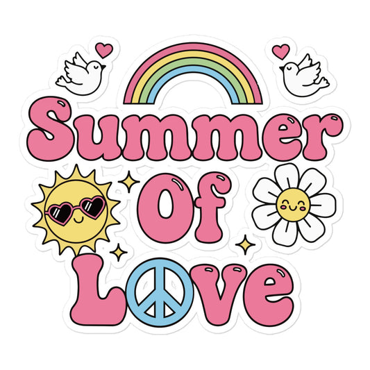 Retro Summer of Love sticker design with pink bubble letters, rainbow, sun, and daisy on a black background.