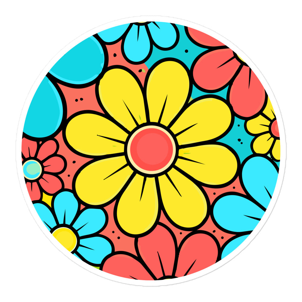 Colorful retro 60s style flower power floral pattern sticker with blue, yellow, and red blossoms.
