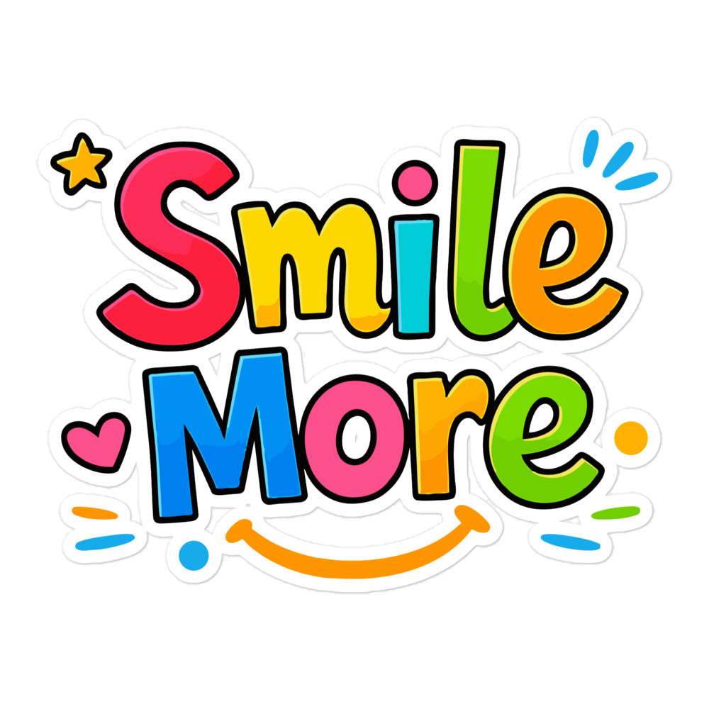 Colorful bubbly text saying "Smile More" with a yellow sun-smile and pink heart on a black background.