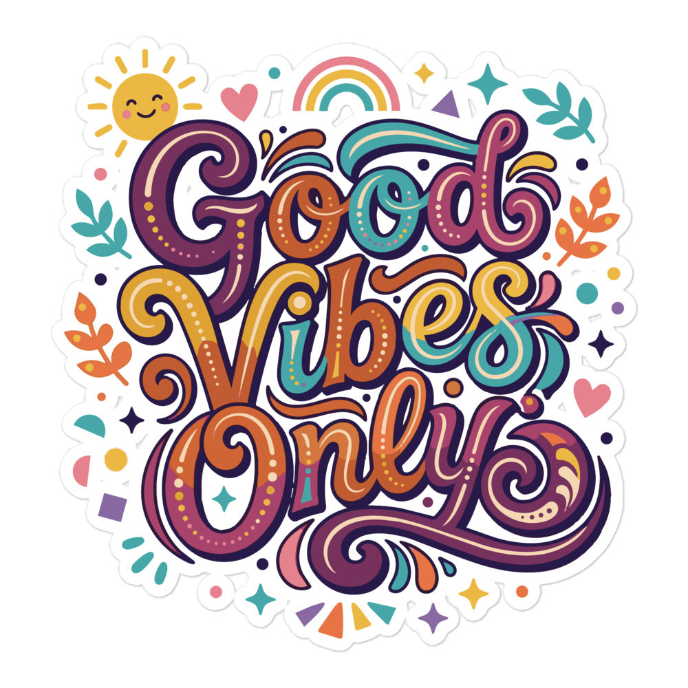 Colorful retro sticker with 'Good Vibes Only' text, rainbow, sun, and stars in a 70s psychedelic art style.