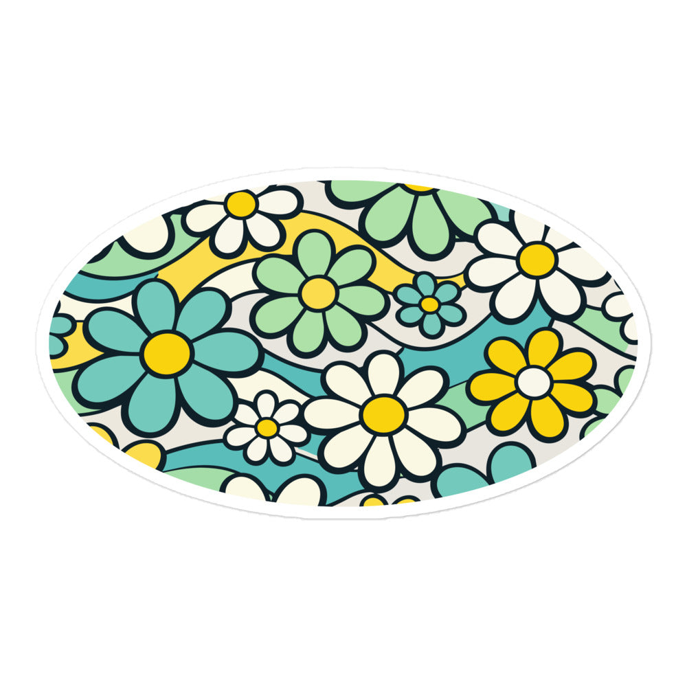 Seamless retro 70s floral pattern sticker with yellow, teal, and white daisies and groovy wavy lines