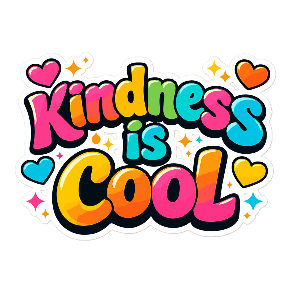 Colorful 3D bubble text reading Kindness is Cool with bright hearts and stars on a black background for a travel mug.