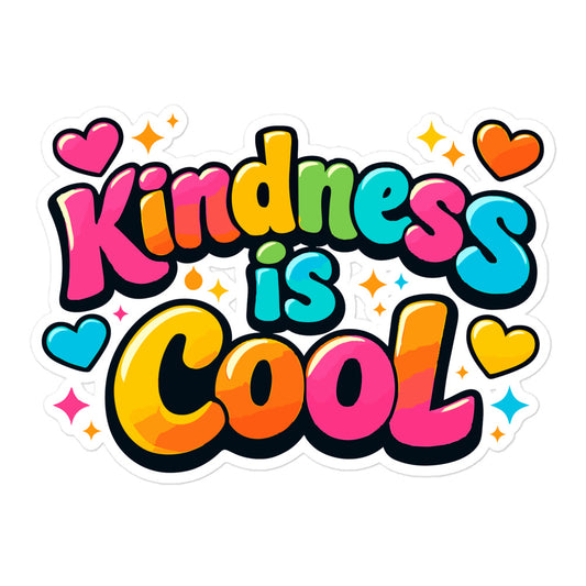 Colorful 3D bubble text reading Kindness is Cool with bright hearts and stars on a black background for a travel mug.