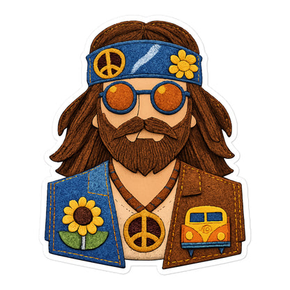 Sticker art of a bearded hippie man with a blue headband, round sunglasses, and embroidered texture details.