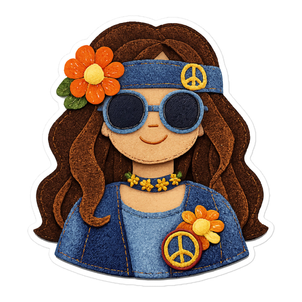 illustration of a smiling boho girl with brown hair, blue sunglasses, denim headband, and orange flower